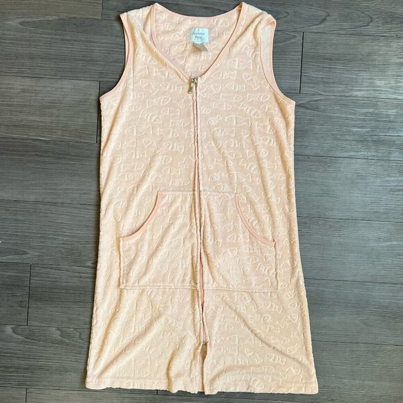 Vintage Jasmine Rose Peach Fish Print Terrycloth Beach Coverup Full Zip Size M - Picture 1 of 6